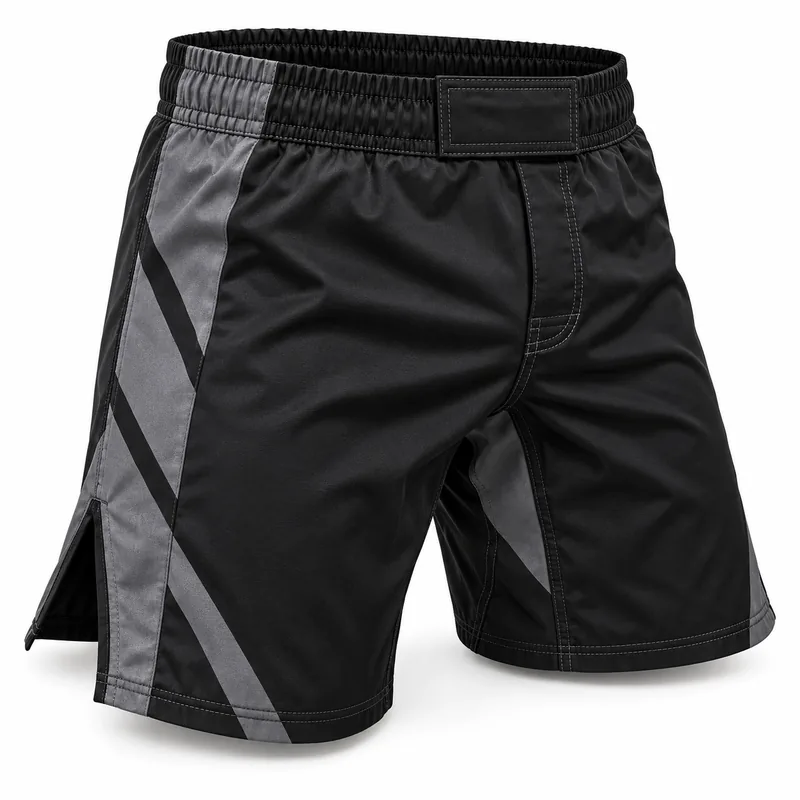 Black grappling shorts with gray side panels, front view