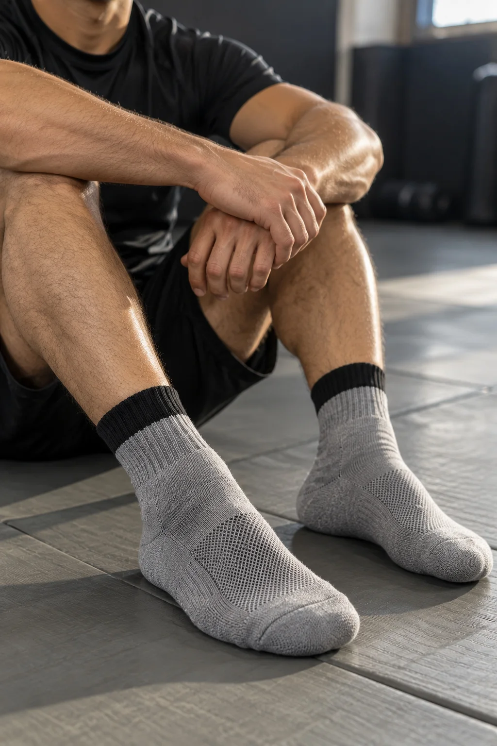 Grey grappling socks shown in a martial arts training setting