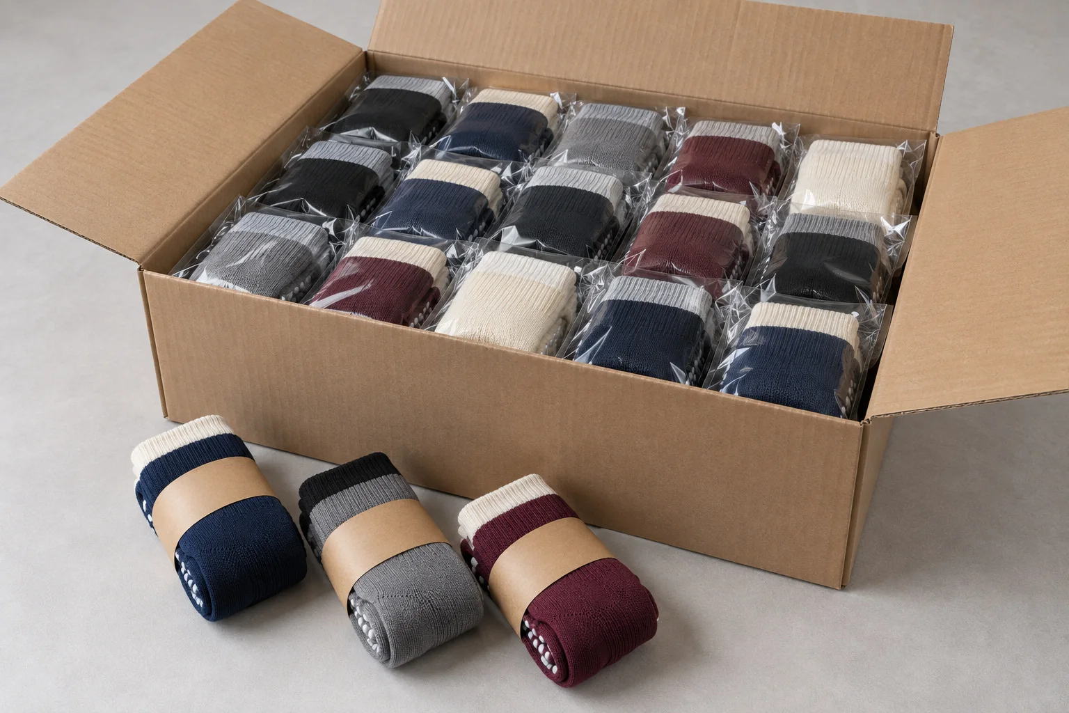 Wholesale assortment of grappling grip socks in shipping box