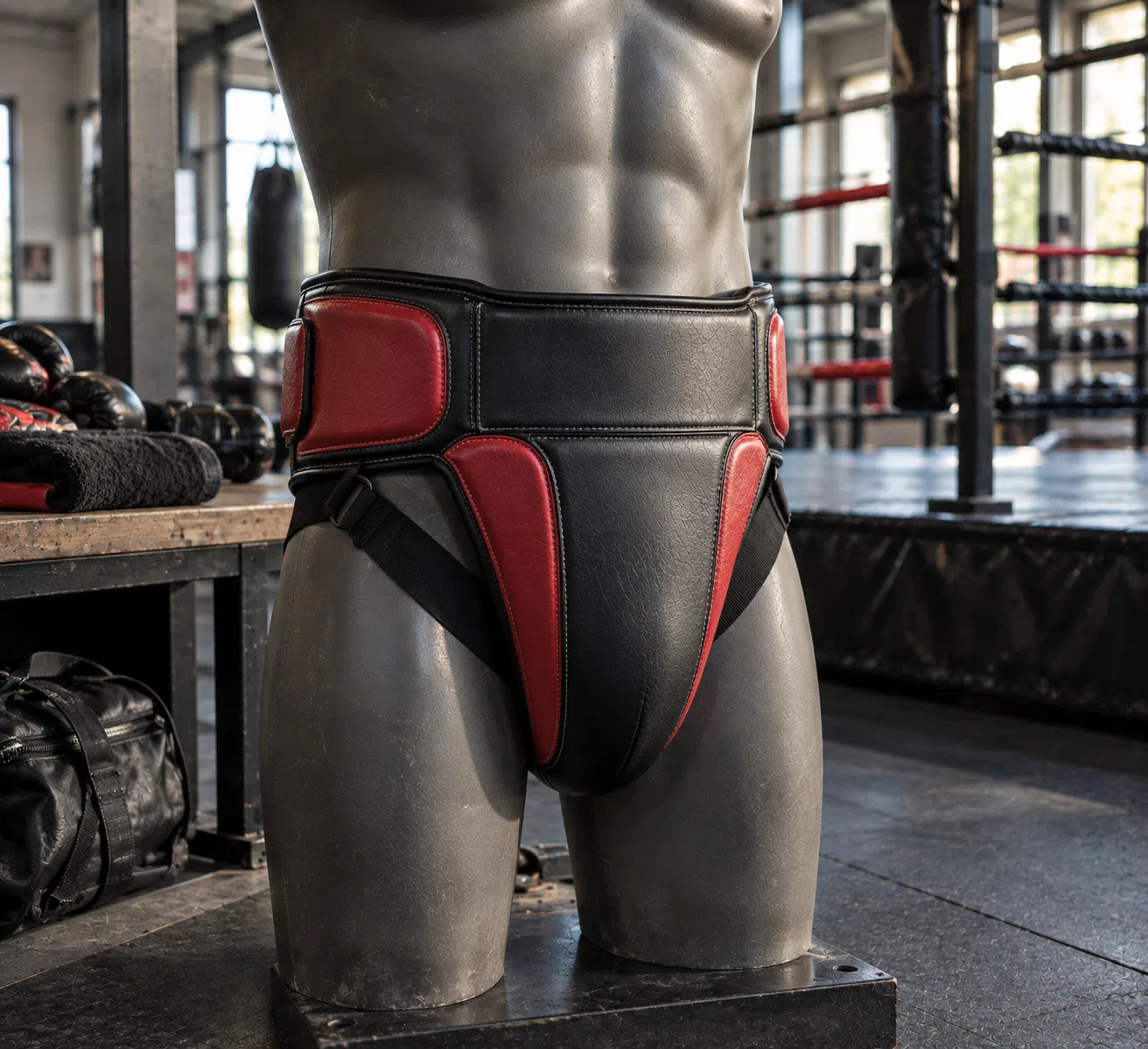 Black and red boxing groin guard on mannequin display