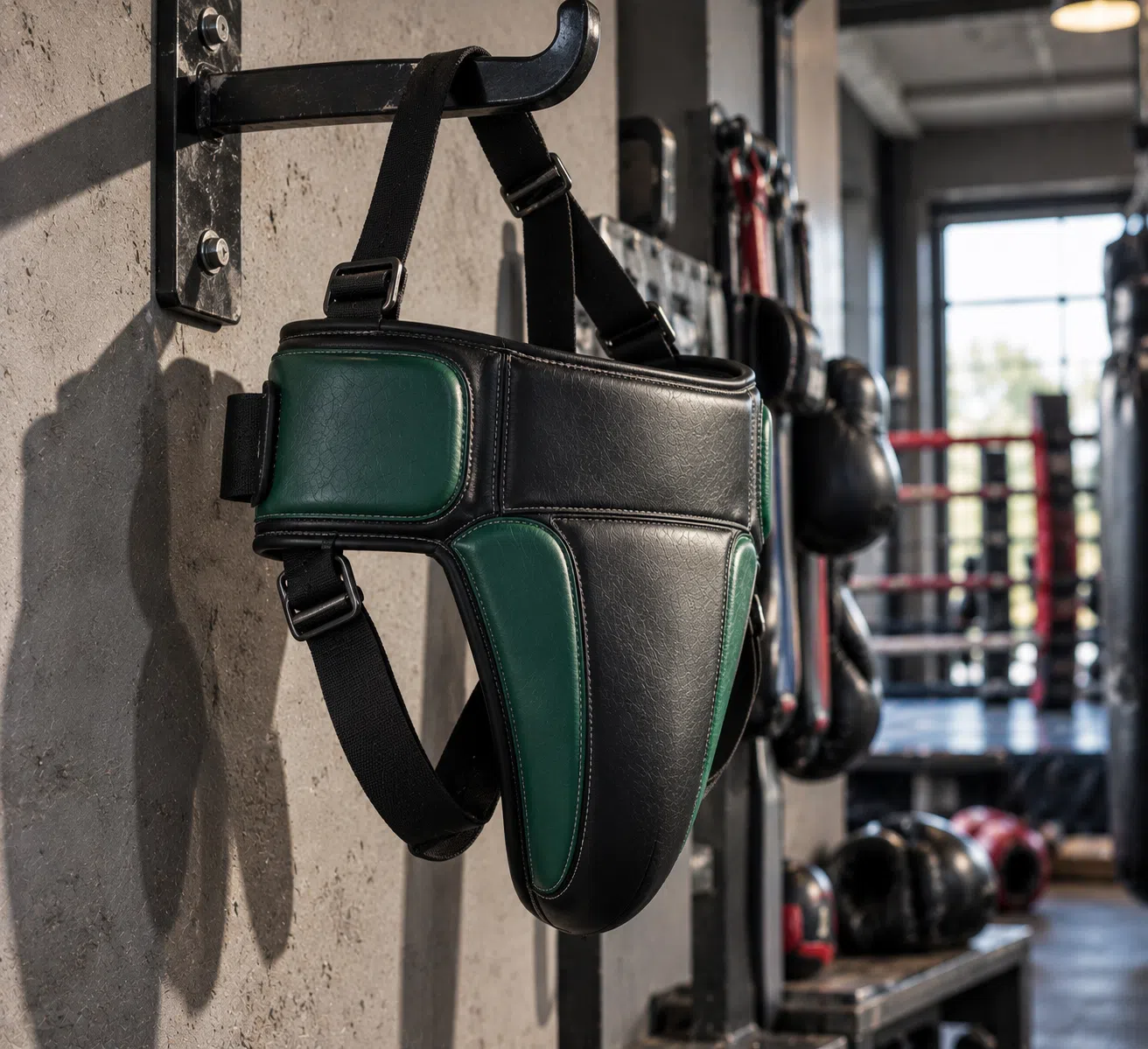 Green protective groin guard hanging on display hook