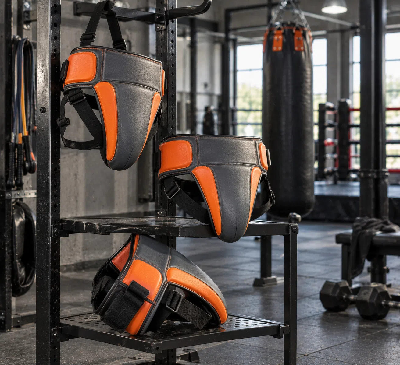 Orange and black groin guards displayed on equipment rack