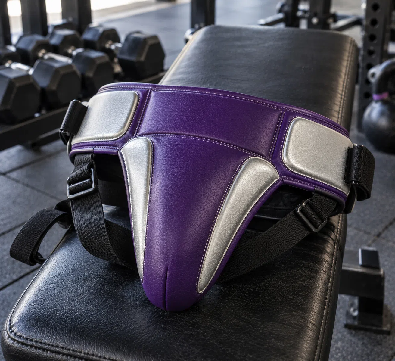 Purple boxing groin guard front view