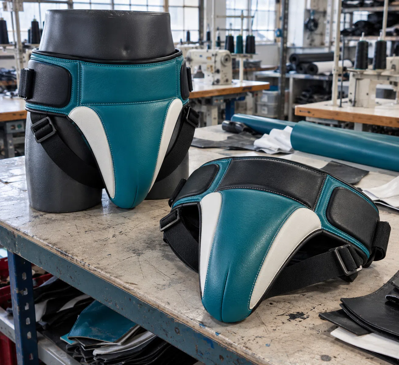 Teal groin guard set on factory worktable