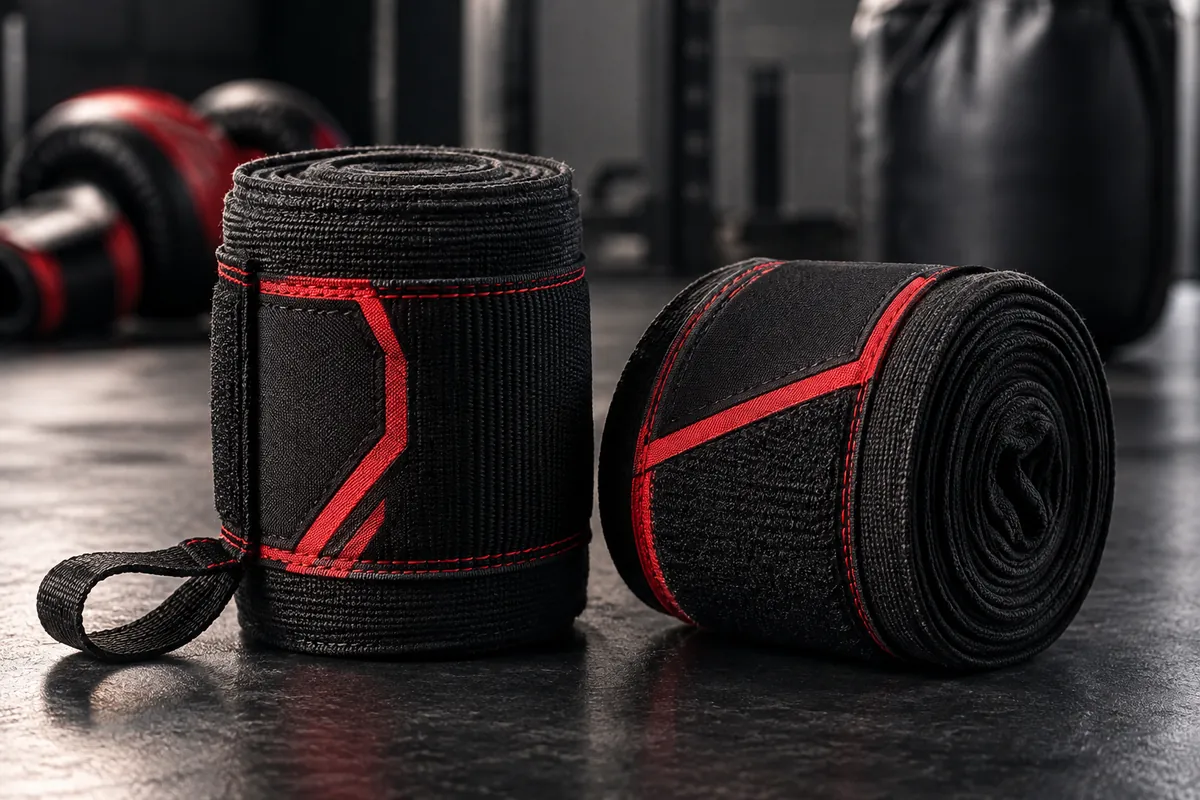 Black and red custom boxing hand wraps with hook-and-loop closure and thumb loop