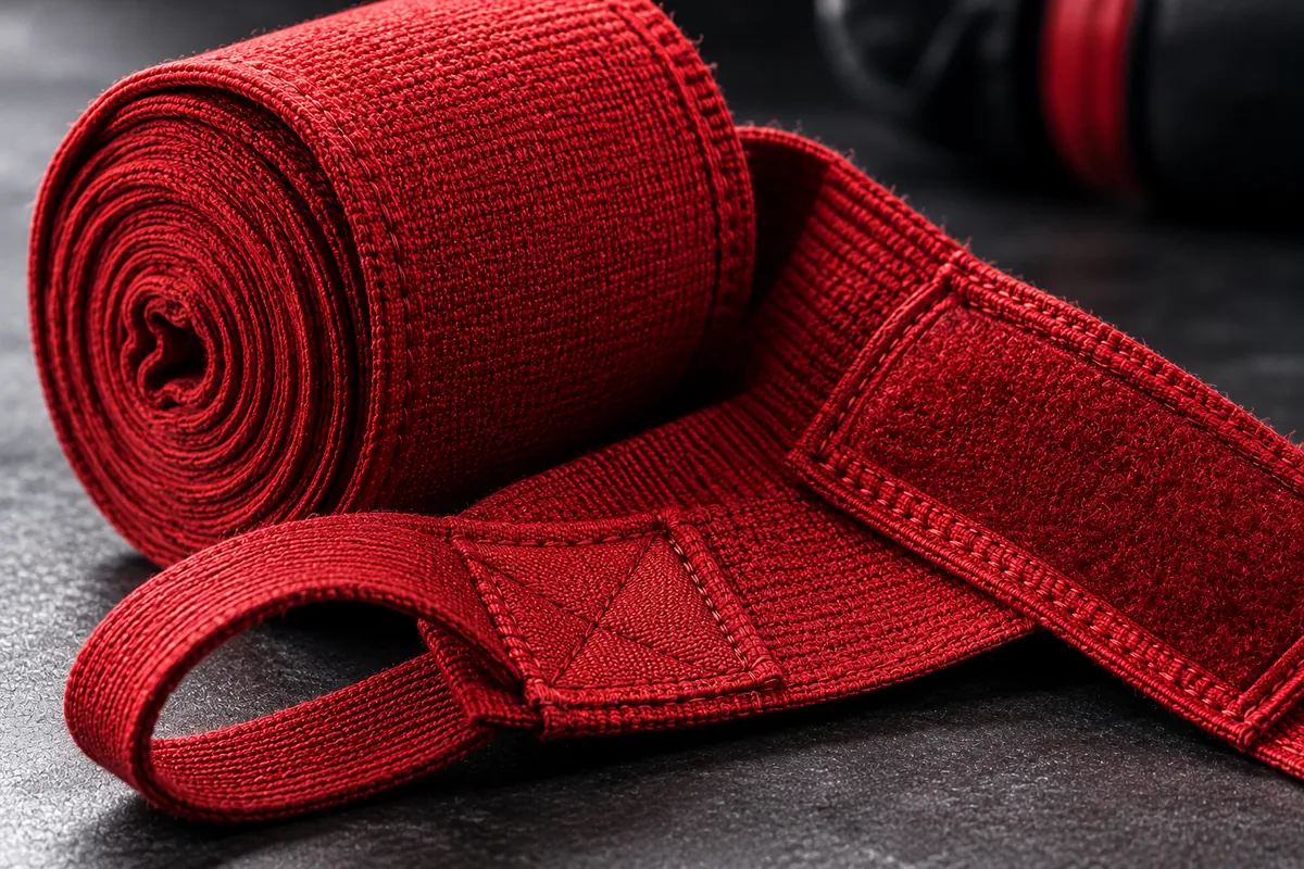 Red boxing hand wraps showing woven fabric texture and stitched closure