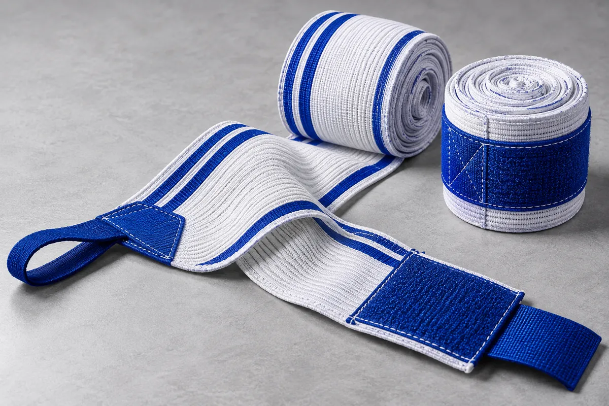 White and blue boxing hand wraps showing thumb loop and hook-and-loop closure