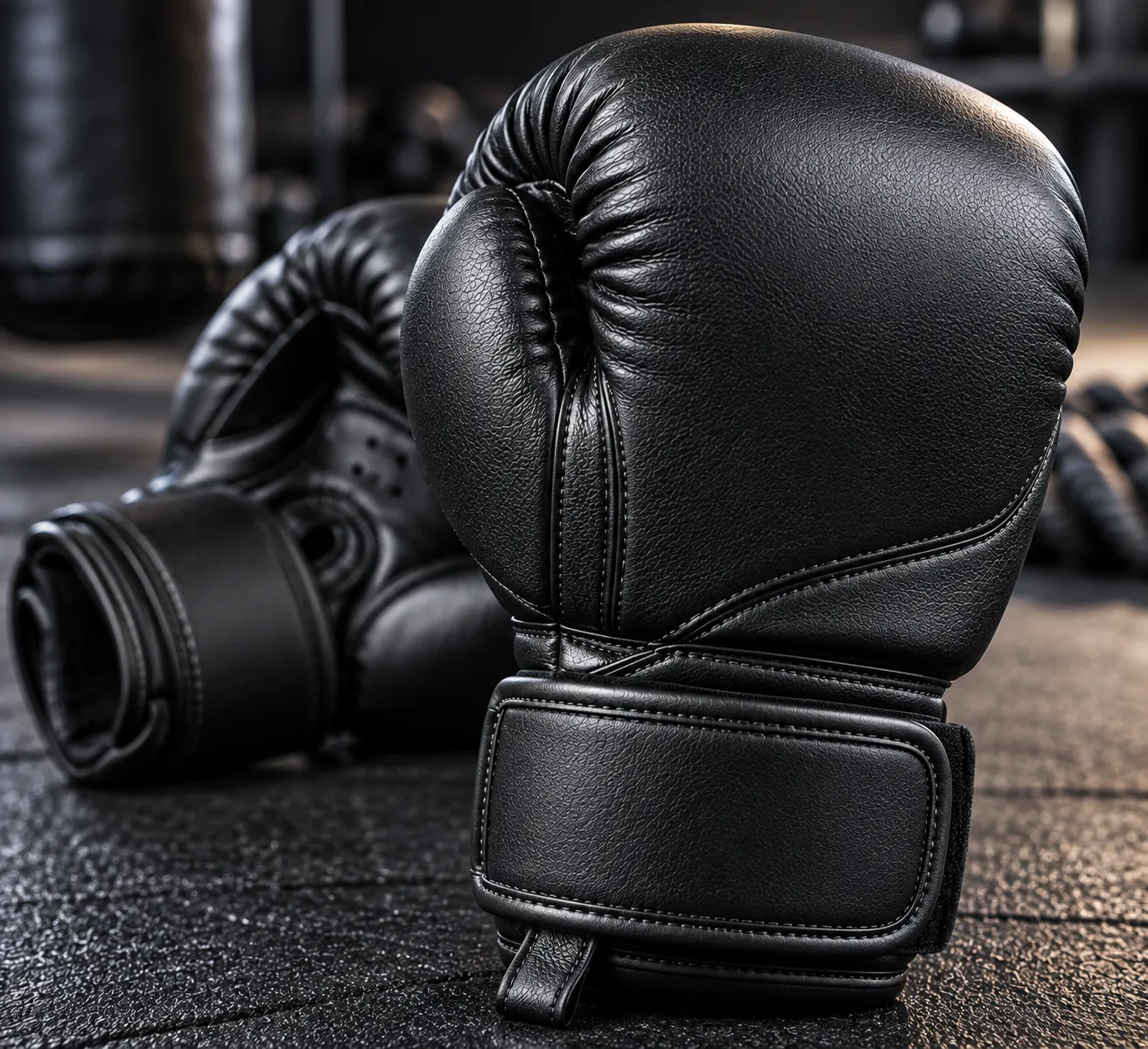 Full black junior boxing gloves macro manufacturing detail