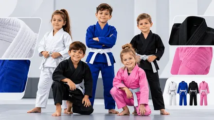 Youth BJJ gi group with fabric close-ups