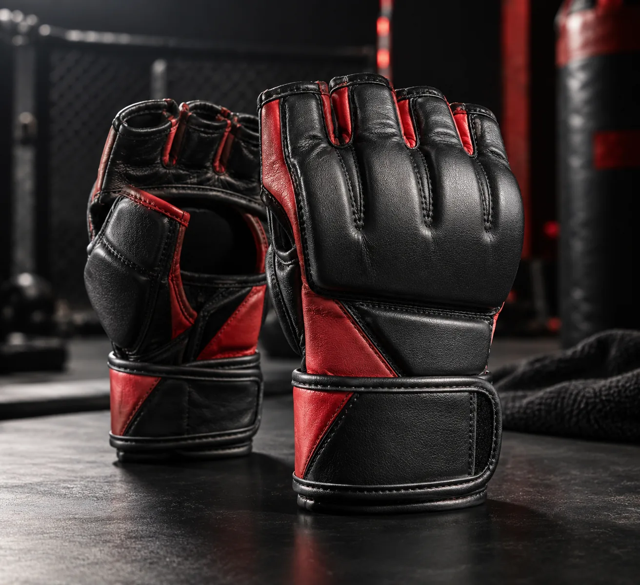 Black and red MMA gloves luxury studio product photo