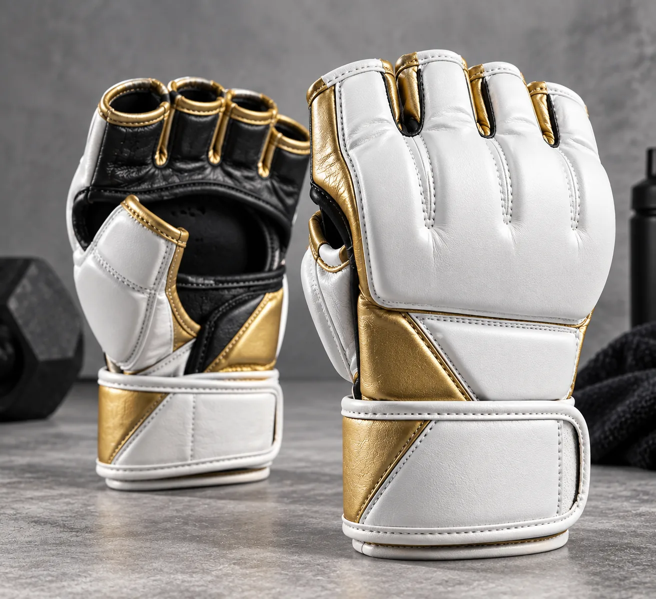White and gold MMA gloves high-end product shot
