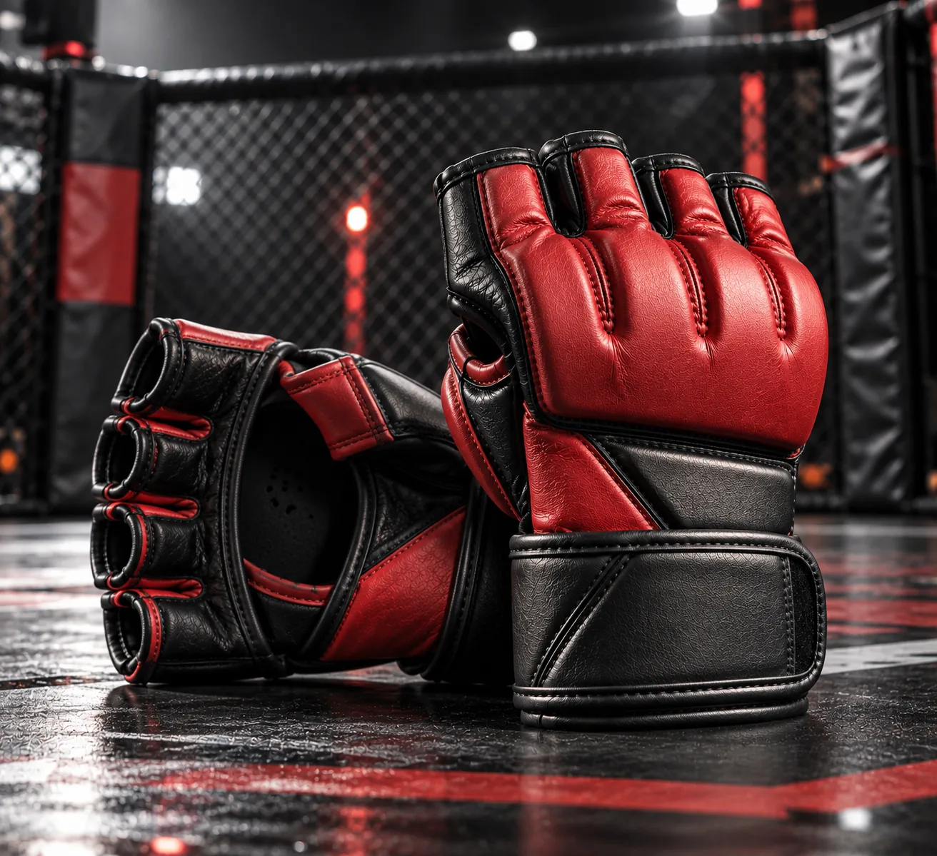 Red and black MMA gloves dynamic advertising product photo