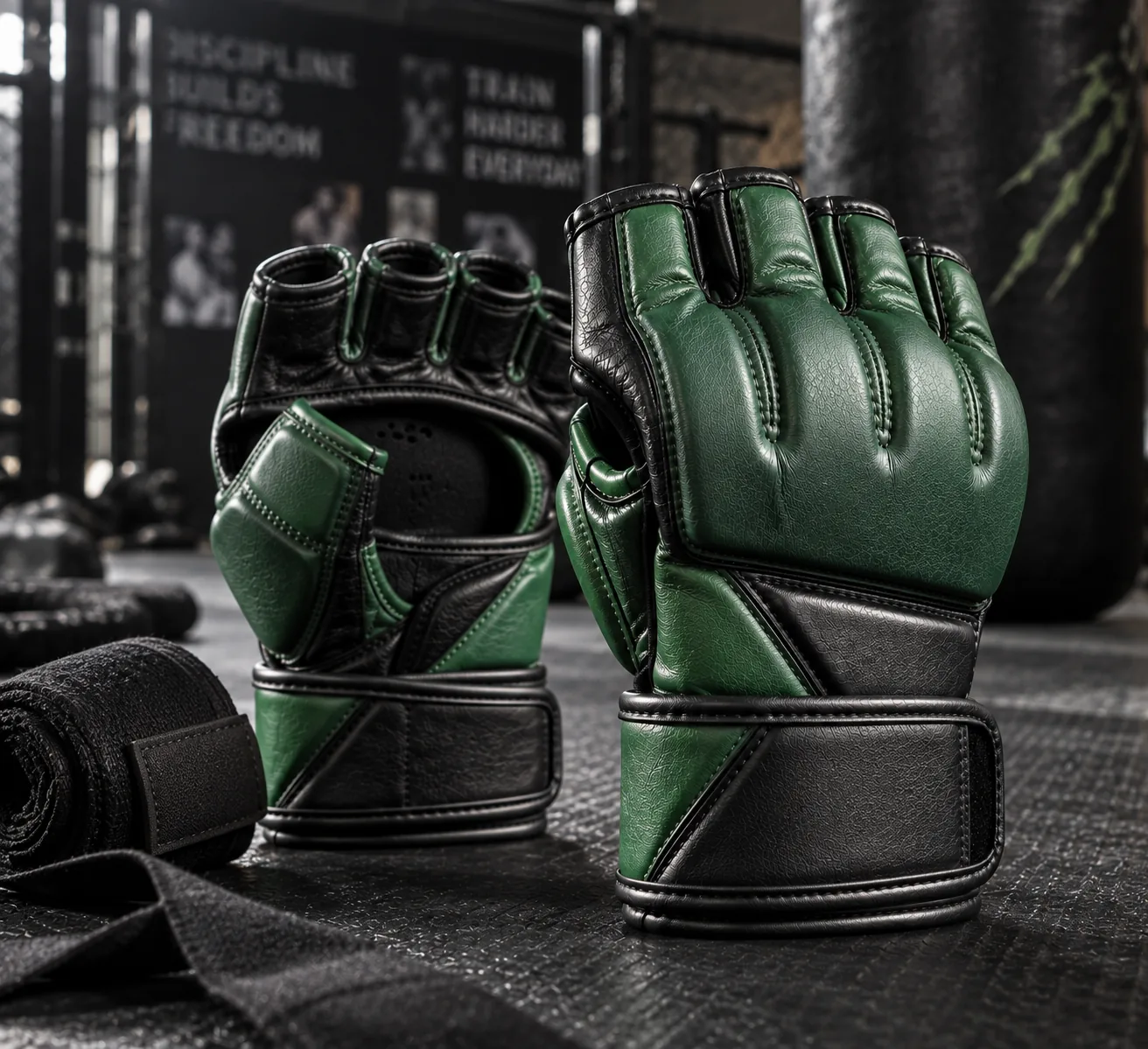 Green and black MMA gloves premium training gear product photo