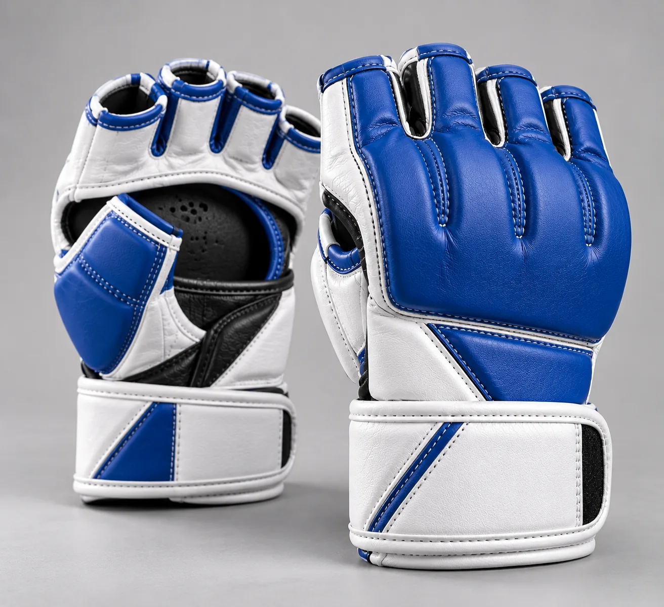White and blue MMA gloves clean ecommerce product photo