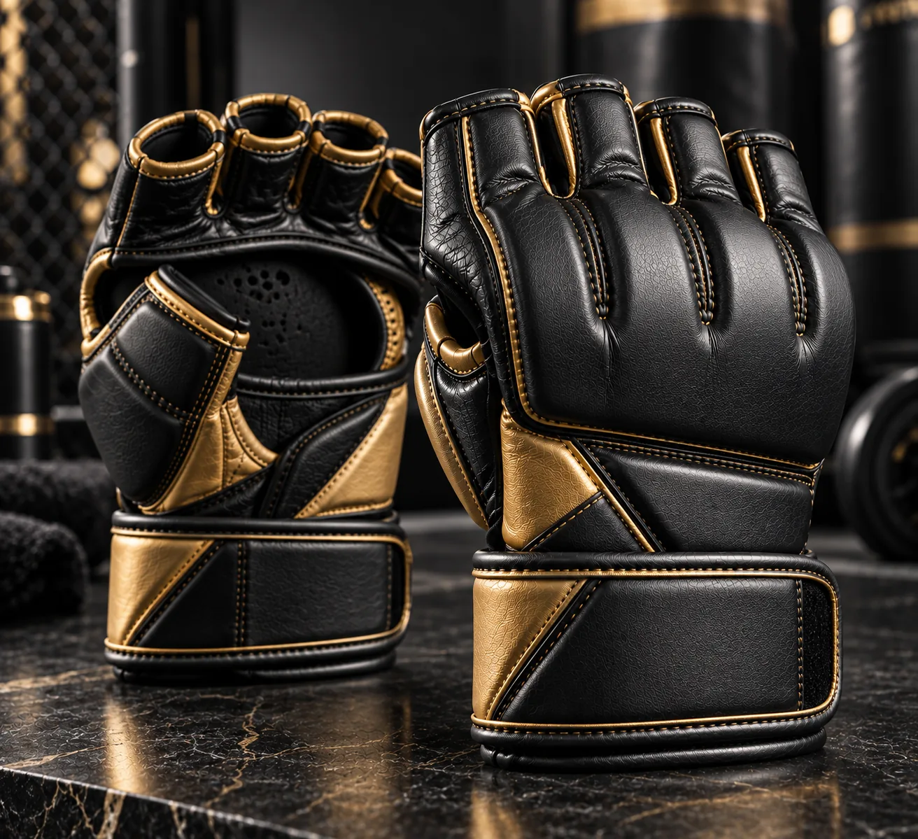 Black and gold MMA gloves premium luxury campaign product photo