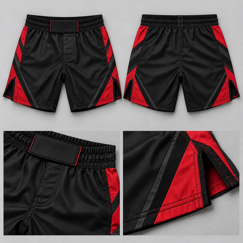 Front, back and construction views of black and red MMA shorts