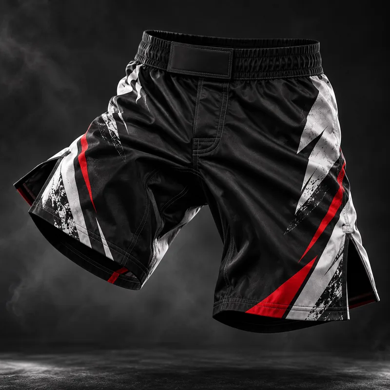 Black MMA shorts with white and red side artwork