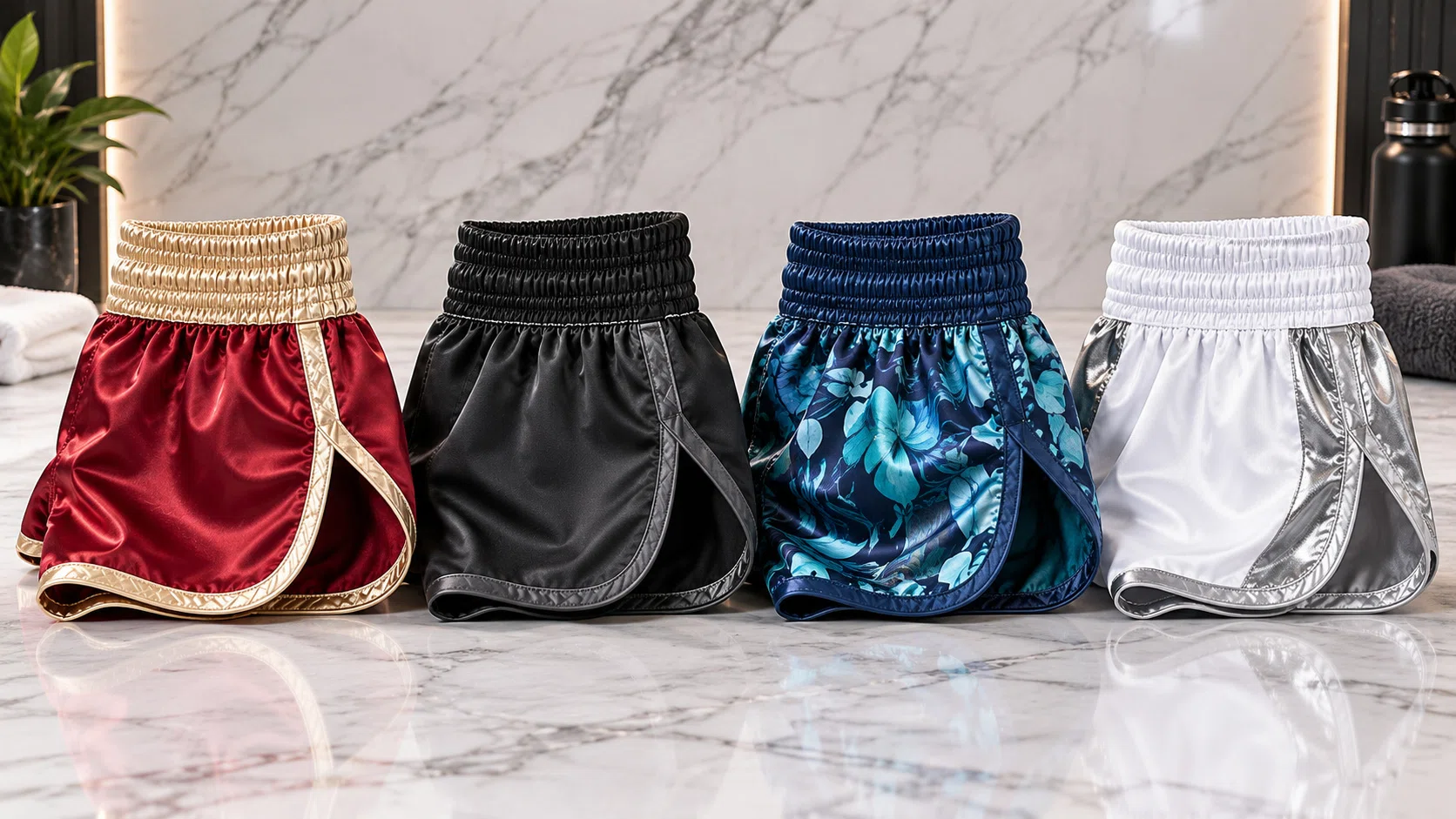 Assorted Muay Thai shorts displayed together