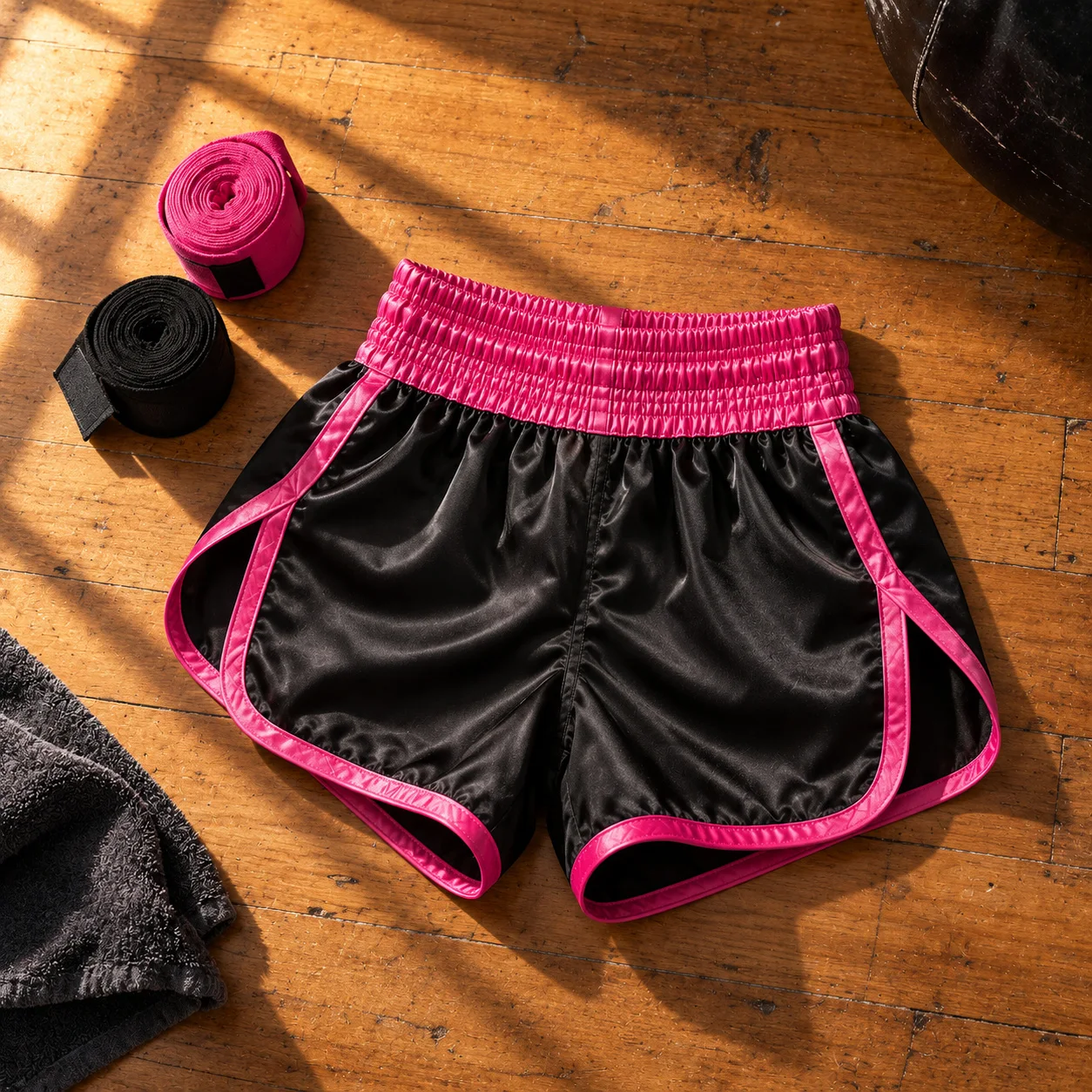 Black and pink women’s Muay Thai shorts flat lay