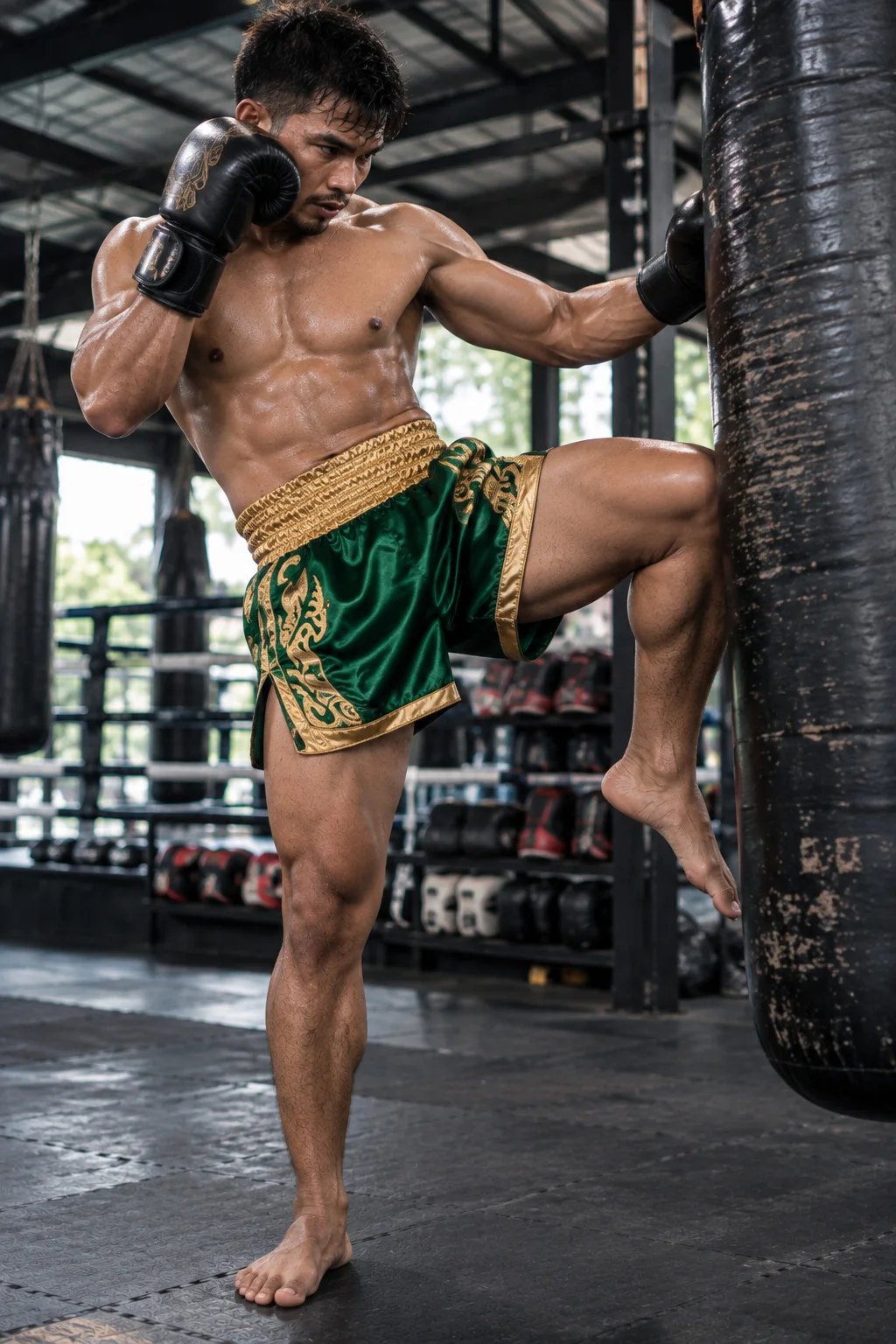 Green Muay Thai shorts shown in kicking action