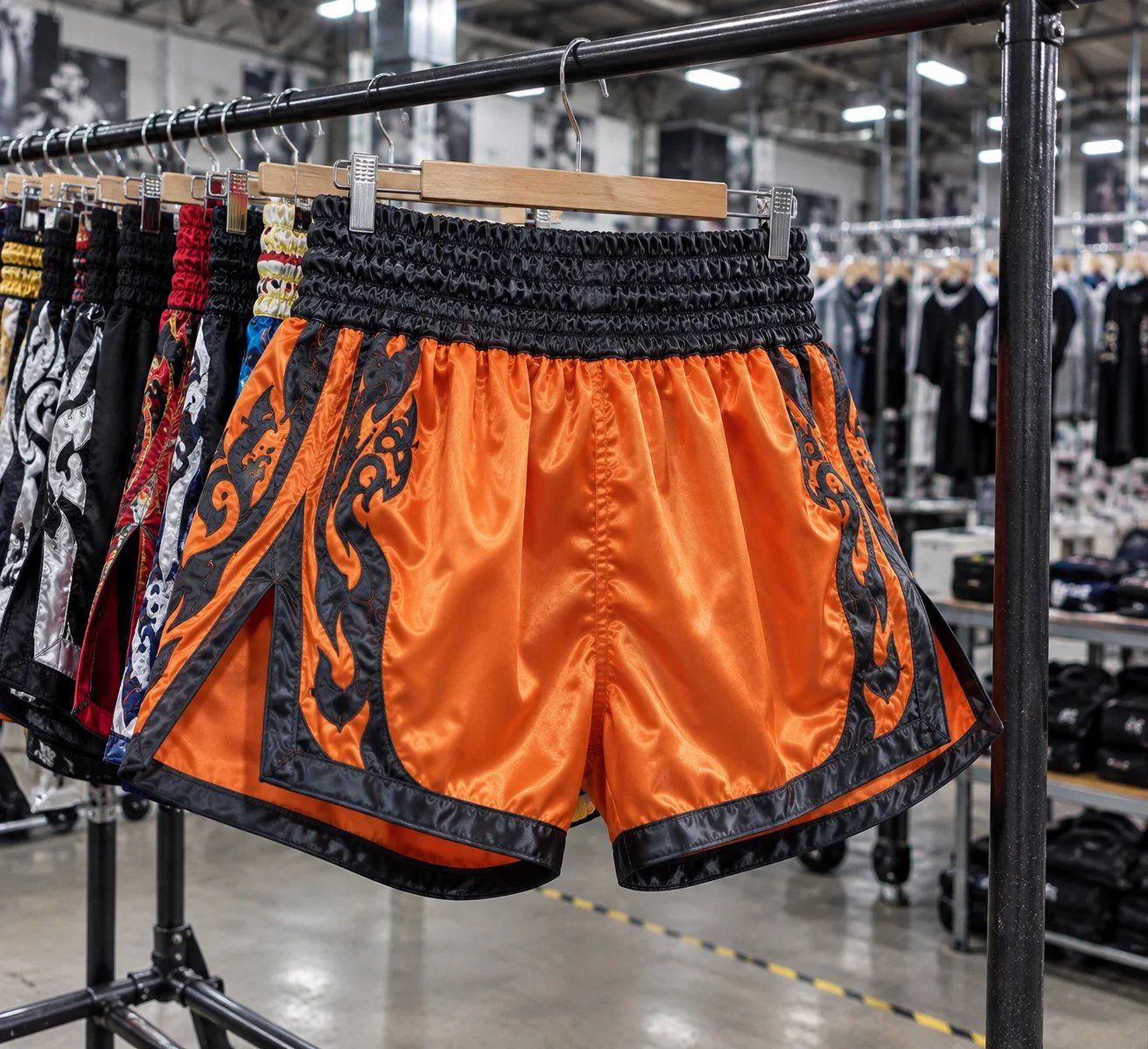 Orange custom Muay Thai shorts displayed on garment rack