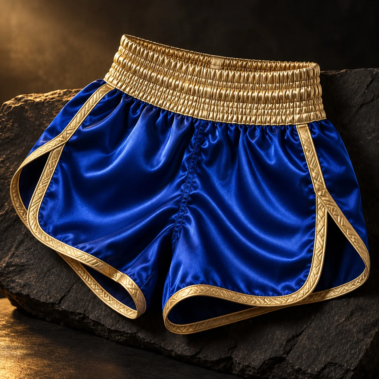 Royal blue and gold Muay Thai shorts product shot