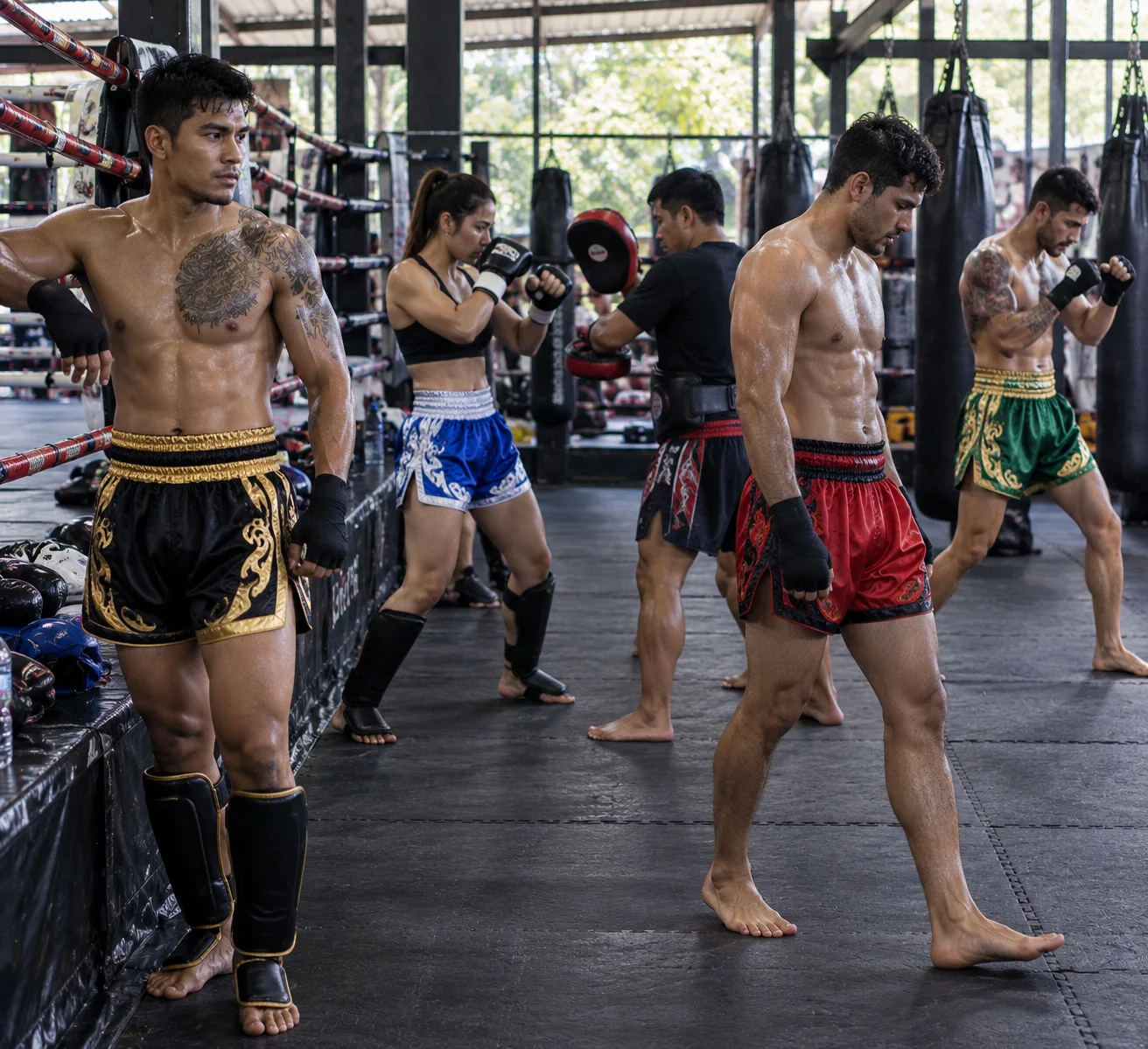 Muay Thai shorts collection shown on team of fighters