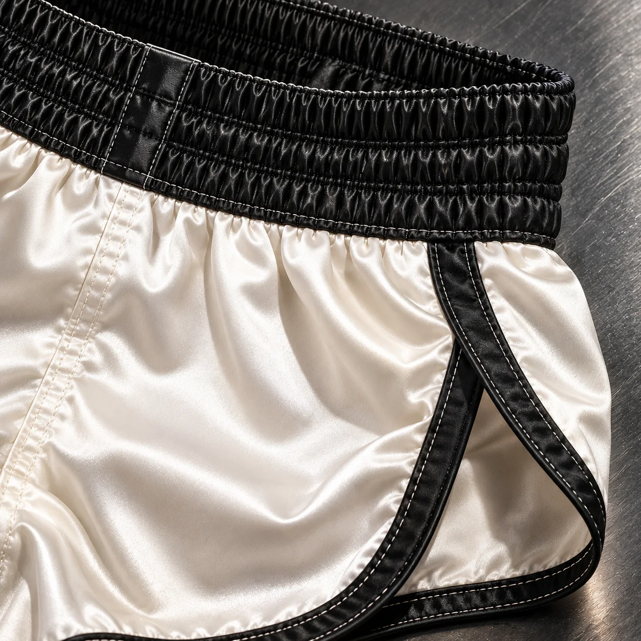 Close-up detail of white and black Muay Thai shorts waistband