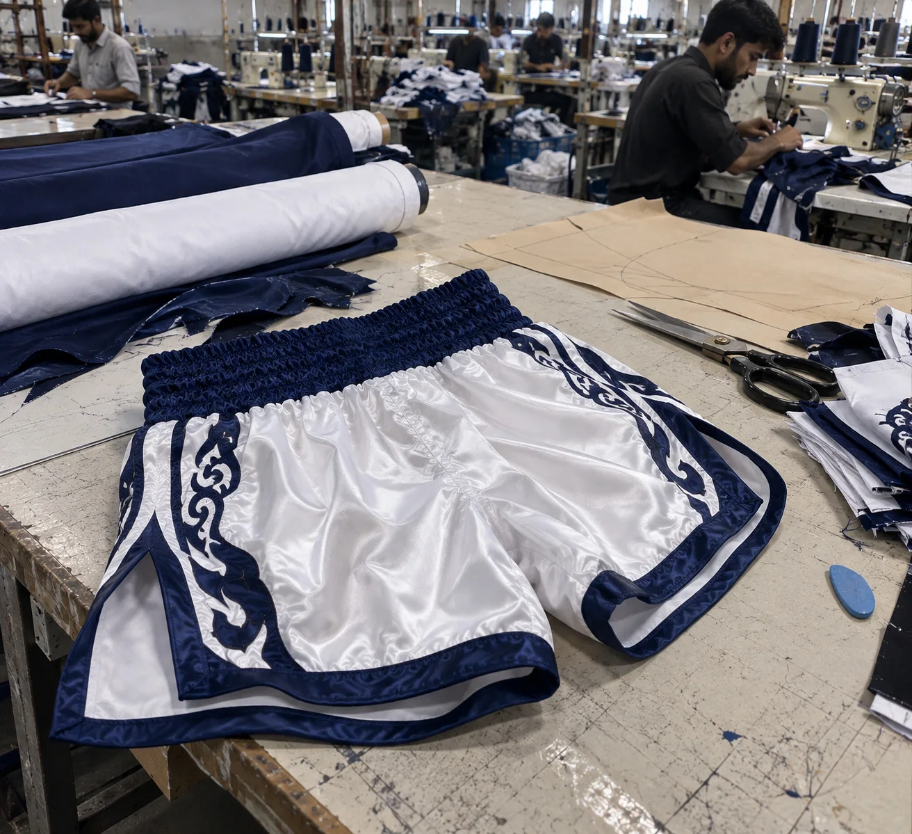 White and blue Muay Thai shorts on factory worktable