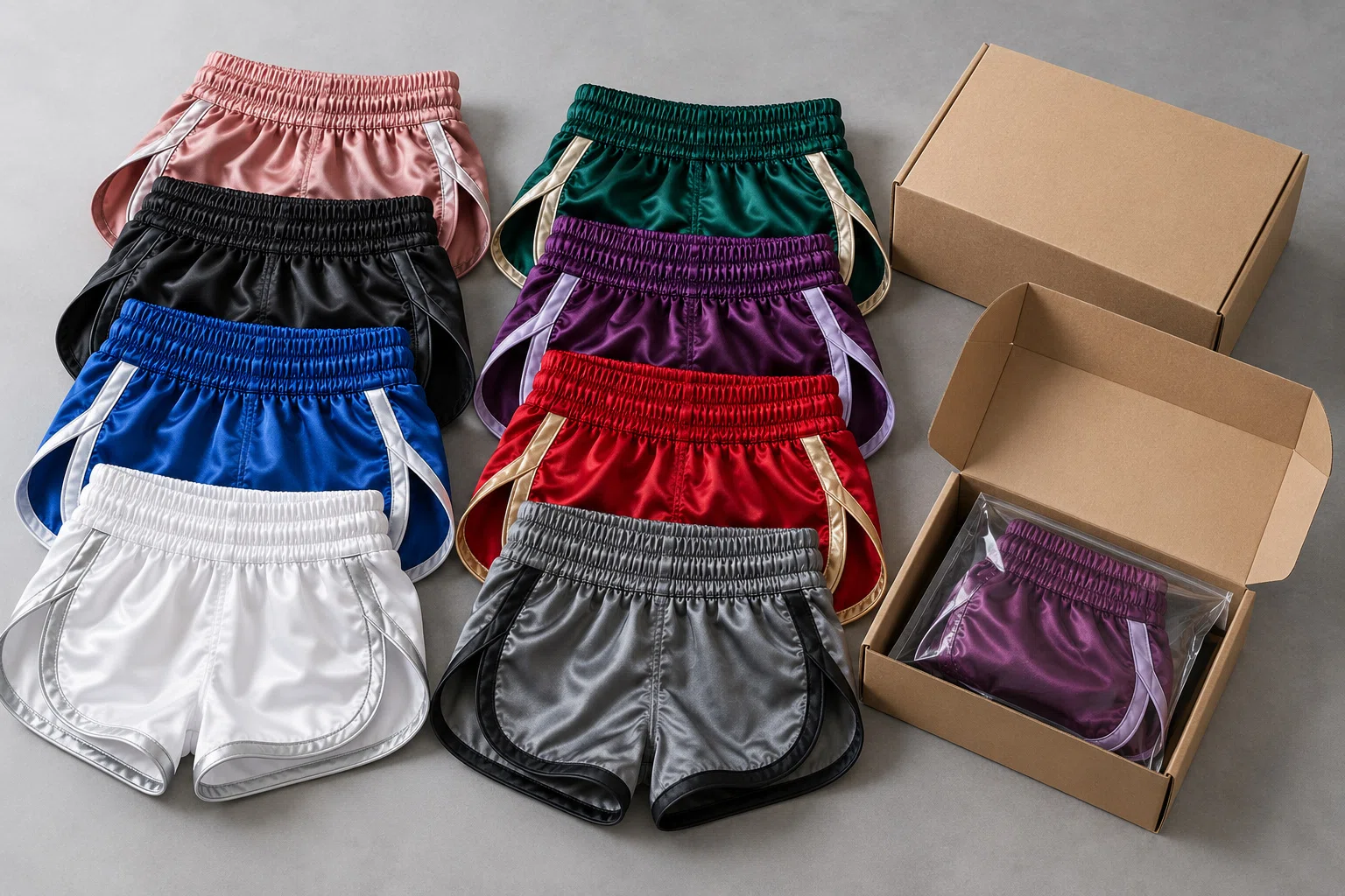 Wholesale assortment of Muay Thai shorts with packaging boxes
