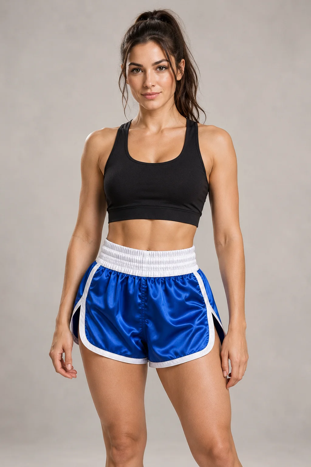 Female model wearing blue women’s Muay Thai shorts