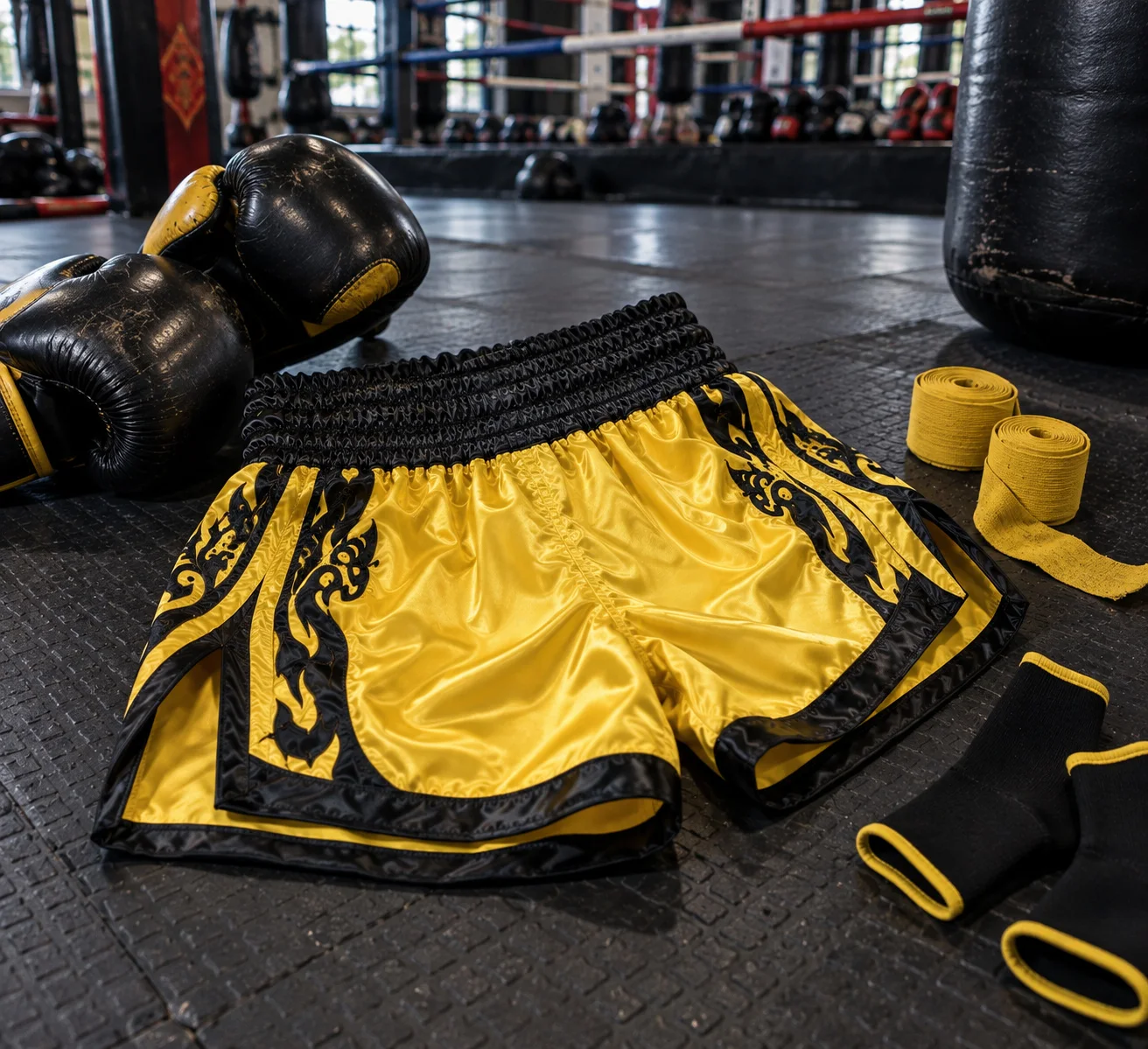 Yellow and black Muay Thai shorts product flat lay