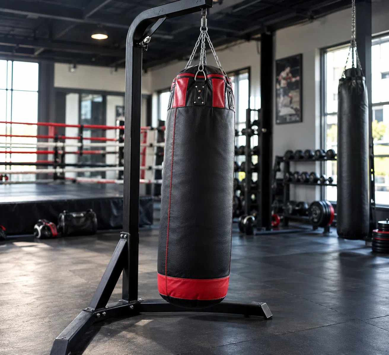 Black and red heavy punching bag hanging in gym