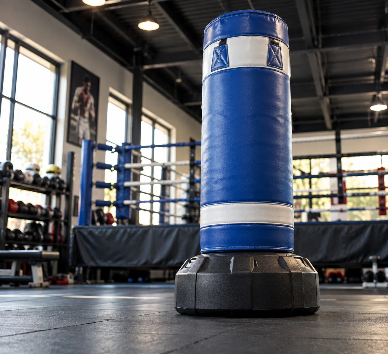 Royal blue and white free-standing punching bag