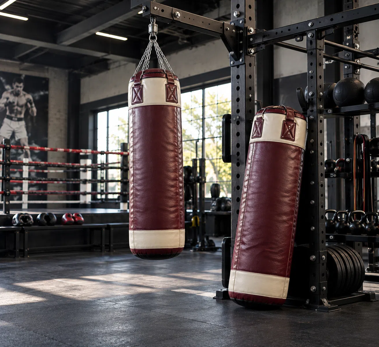 Burgundy punching bag pair hanging in gym