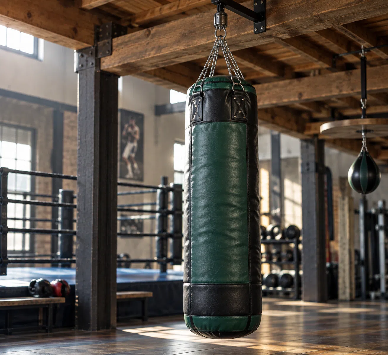 Green heavy punching bag hanging in training area