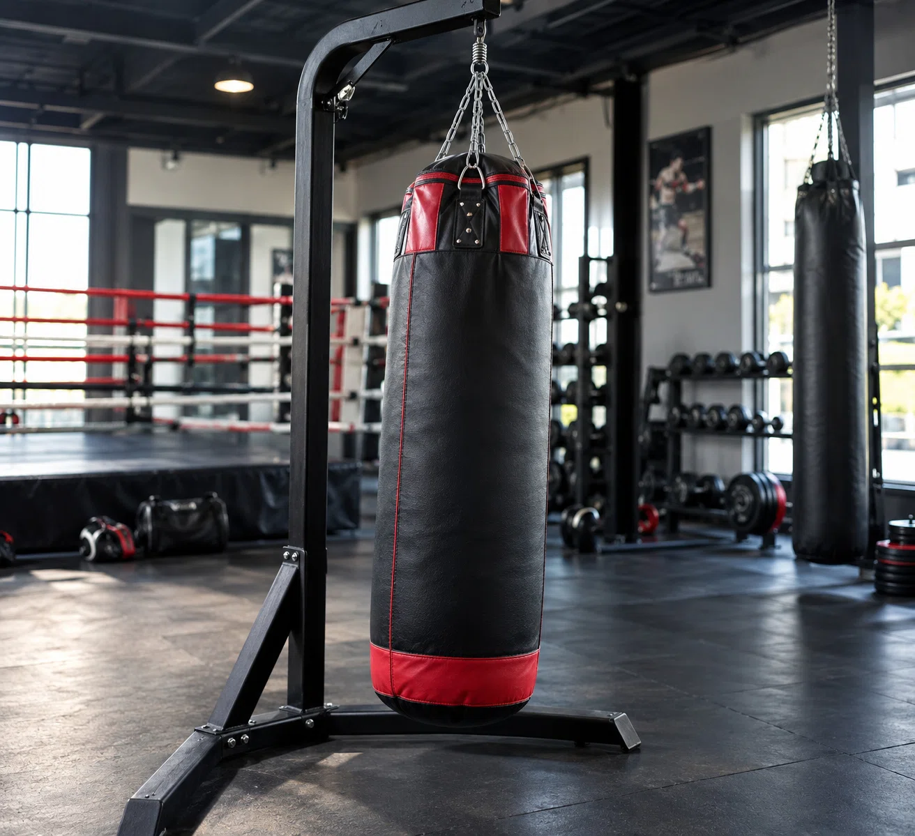 Black and red heavy punching bag on stand