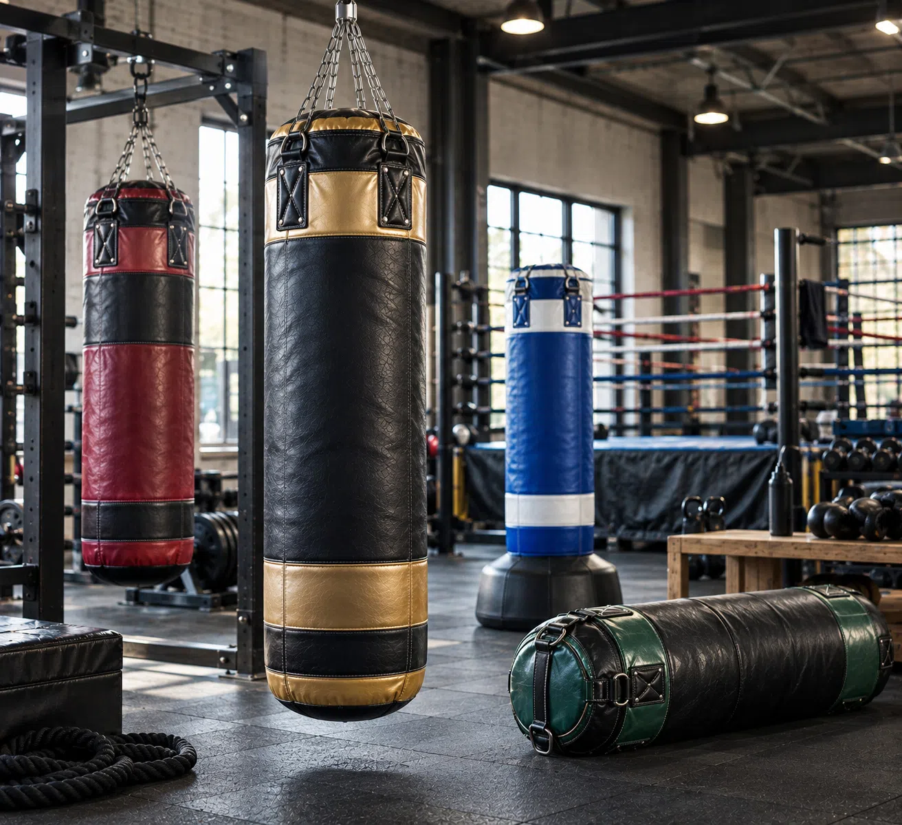 Custom punching bag range displayed in multiple colors