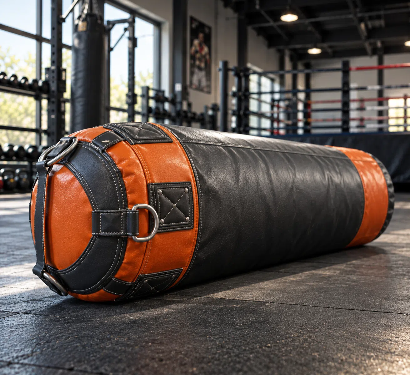Orange and charcoal floor punching bag lying on gym floor