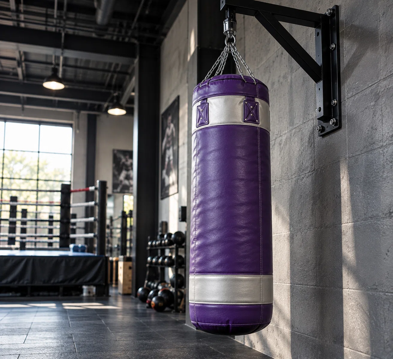 Purple punching bag mounted from wall bracket