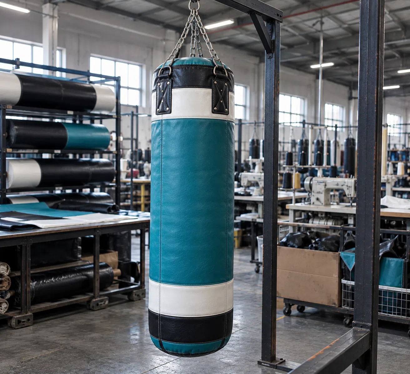 Teal punching bag shown in factory environment