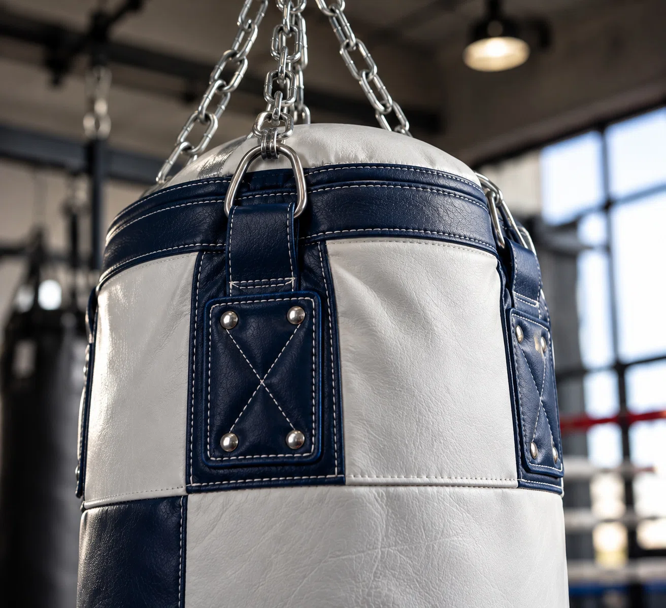 Macro detail of white and navy punching bag top straps