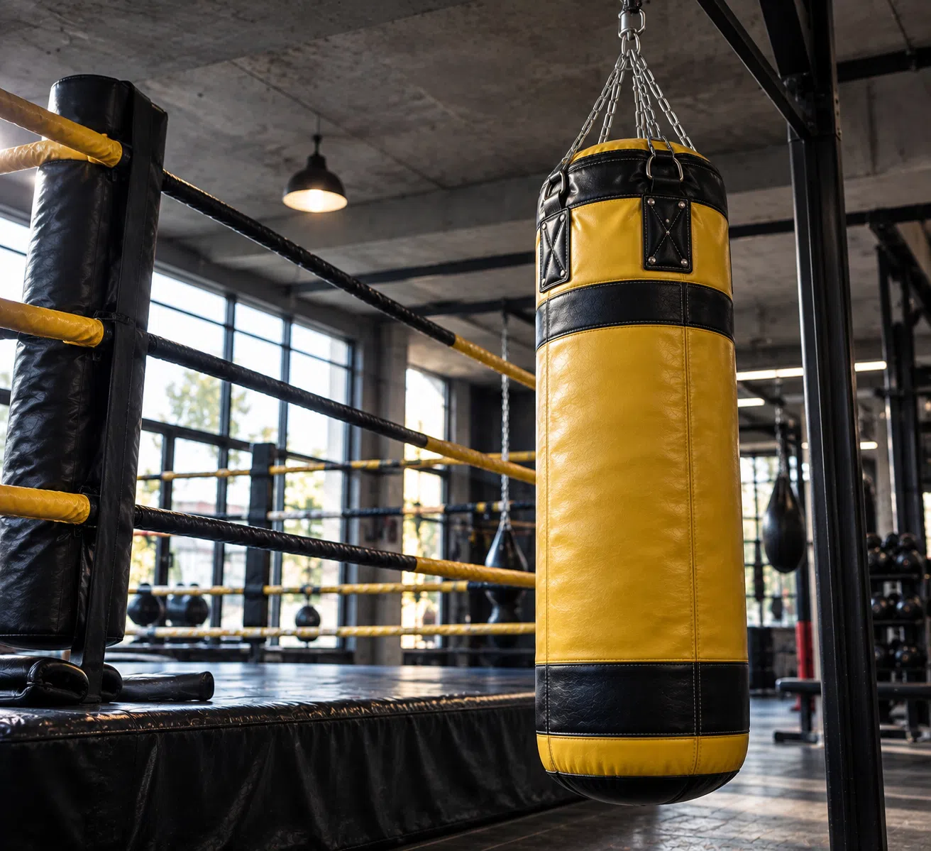 Yellow punching bag hanging in boxing ring area