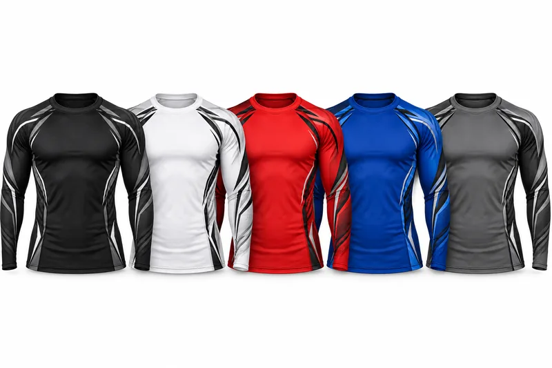 Long-sleeve rash guards in black, white, red, blue and gray