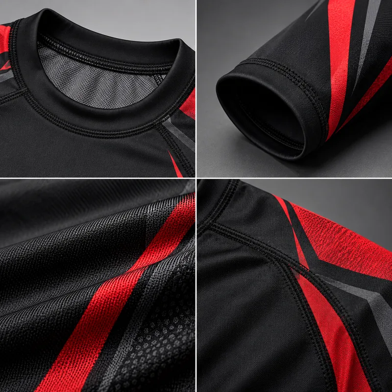 Neckline, sleeve, seam and printed panel details of a rash guard