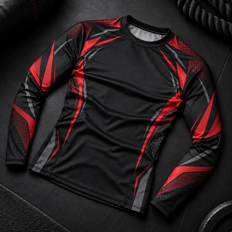 Black long-sleeve rash guard with red artwork