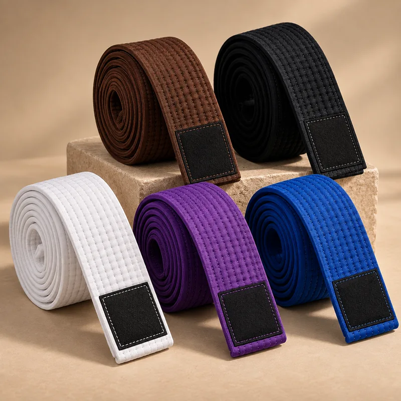 Rolled BJJ belts in five ranks
