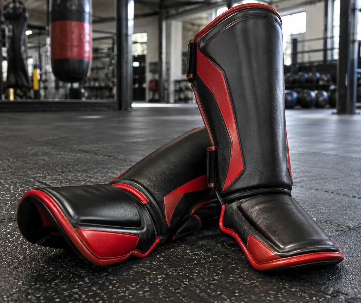 Black and red custom Muay Thai shin guards with full instep coverage