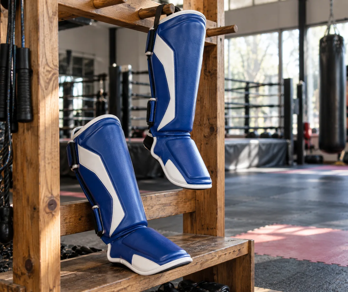 Blue and white custom shin guards displayed in a combat sports gym