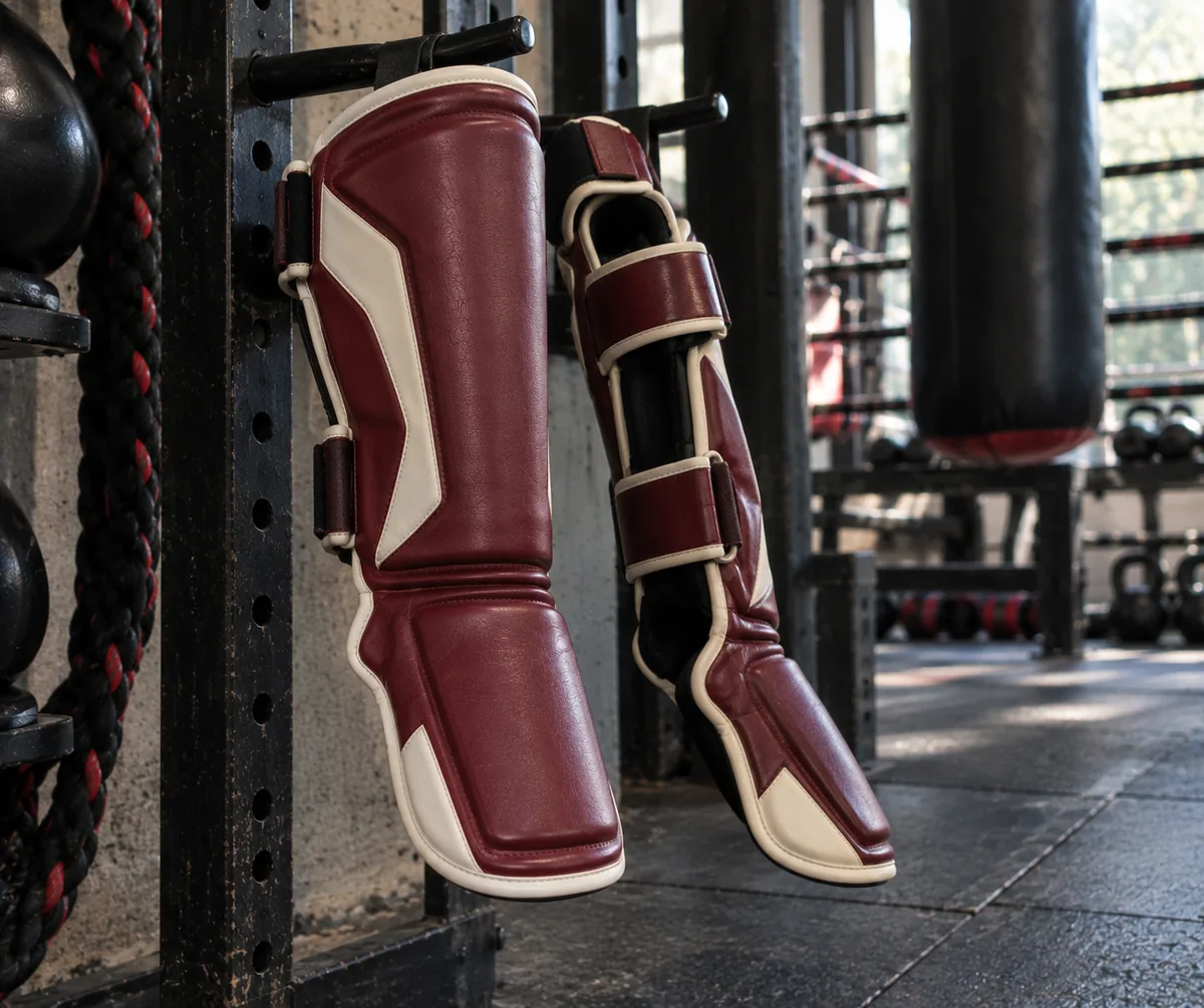 Burgundy and cream shin guards with rear strap construction visible